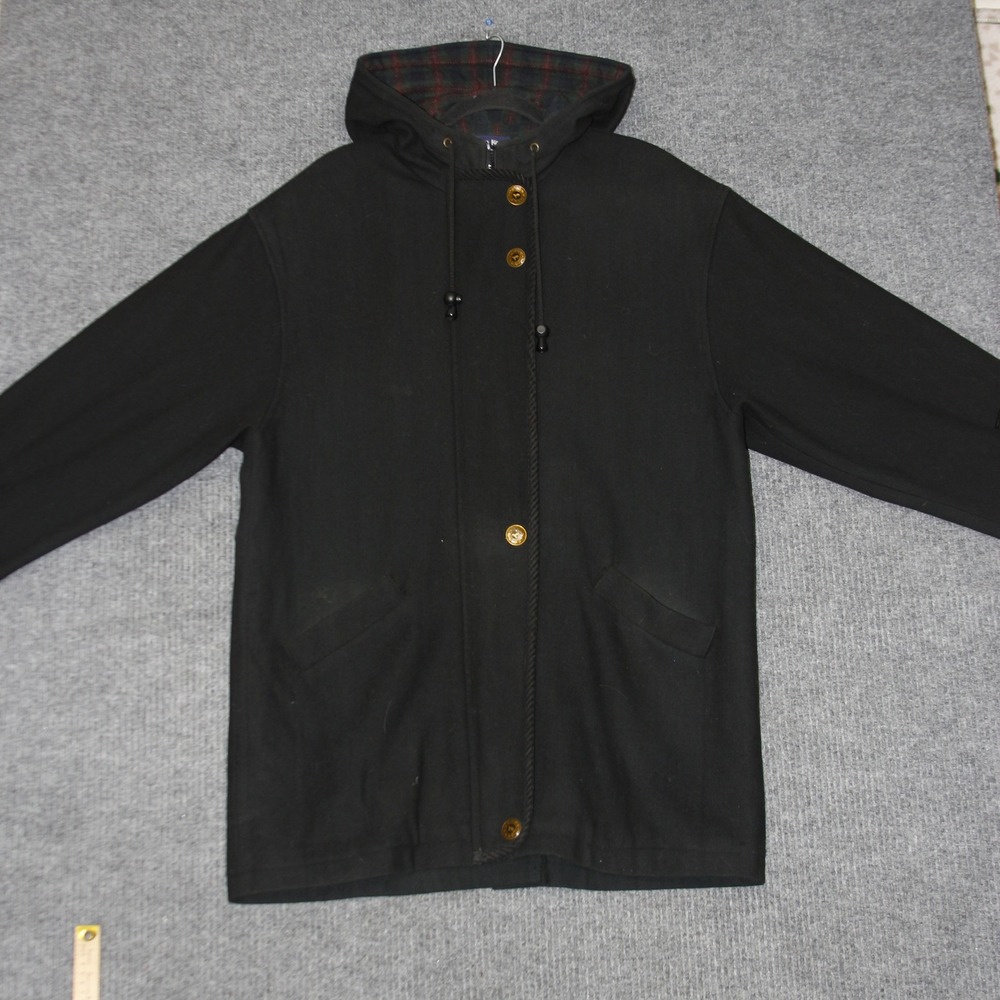 Herman‎ Kay Wool Blend Hooded Coat Womens 14 Black Plaid Lined Gold Buttons